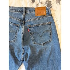 Levis Premium 501 Original Curve Jeans Blue Distressed High Rise Straight Leg